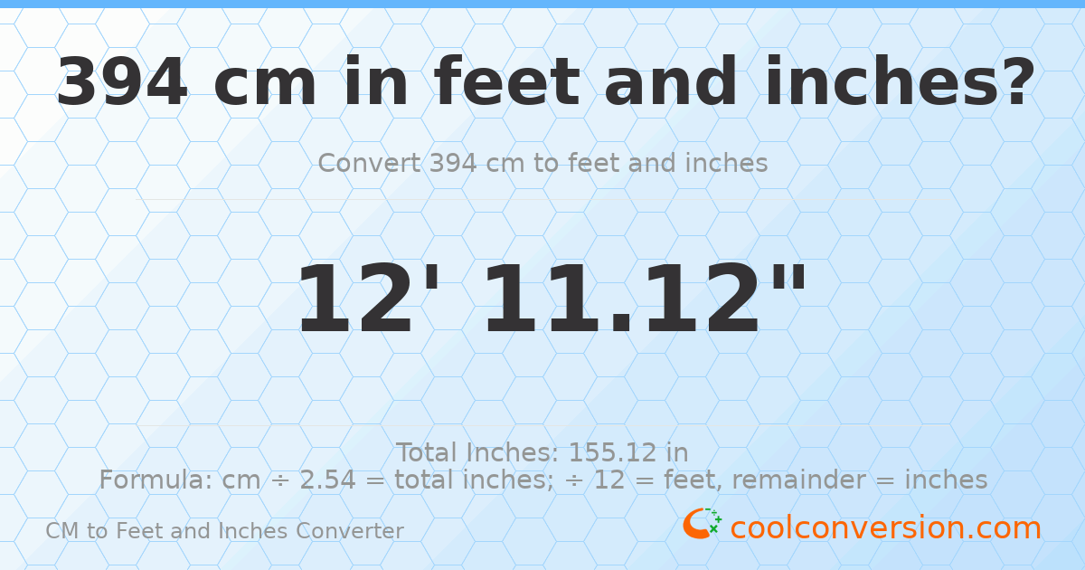 394 cm to feet and inches — 394 cm = 12'11.12"