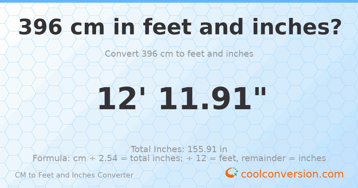 396 cm to feet and inches — 396 cm = 12'11.91"