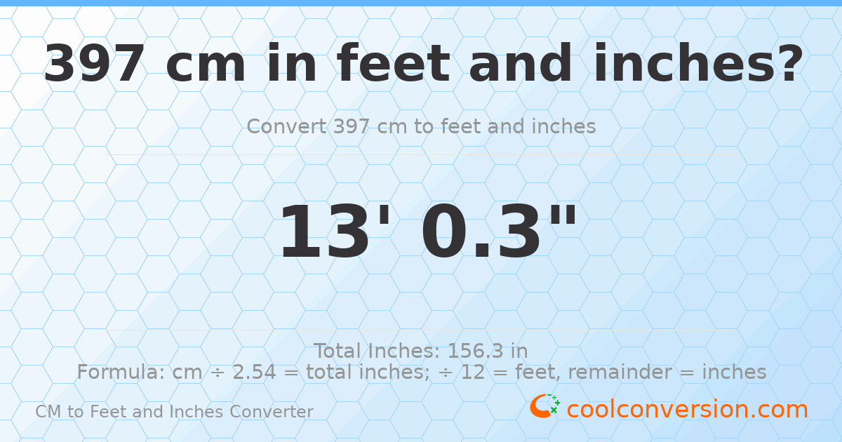 397 cm to feet and inches — 397 cm = 13'0.3"