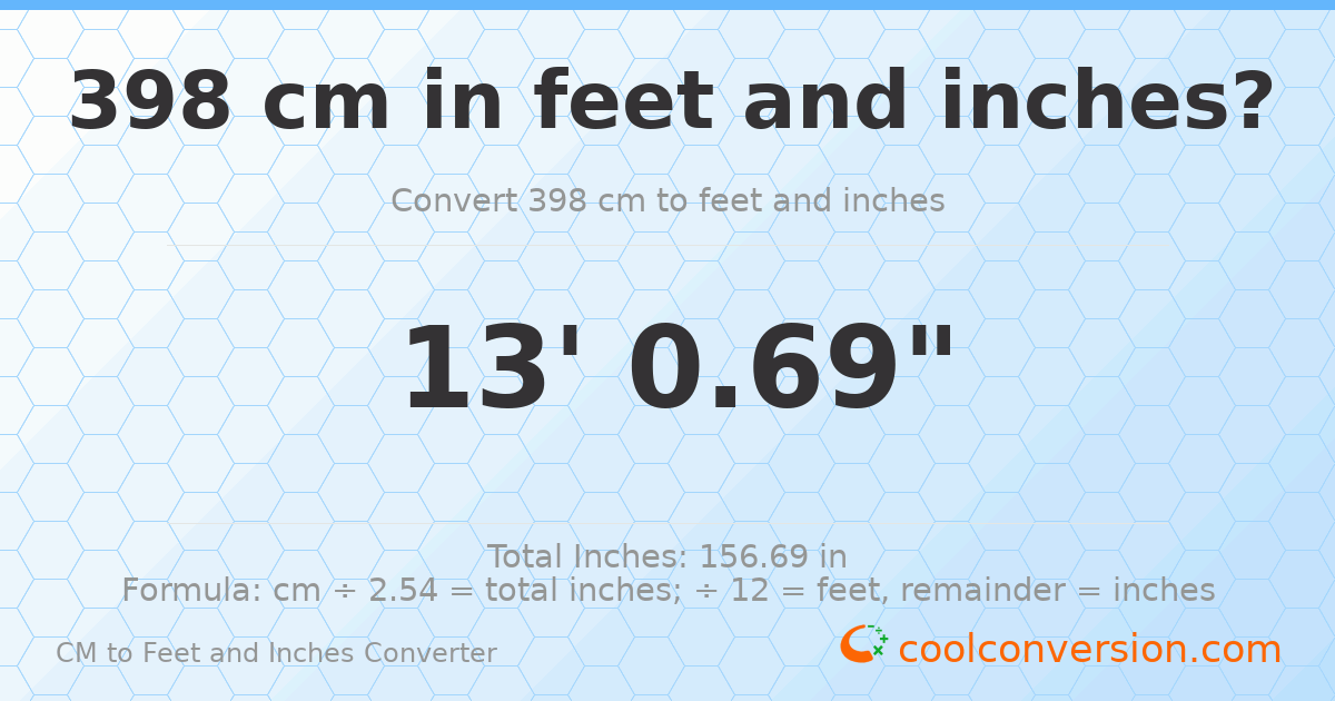 398 cm to feet and inches — 398 cm = 13'0.69"