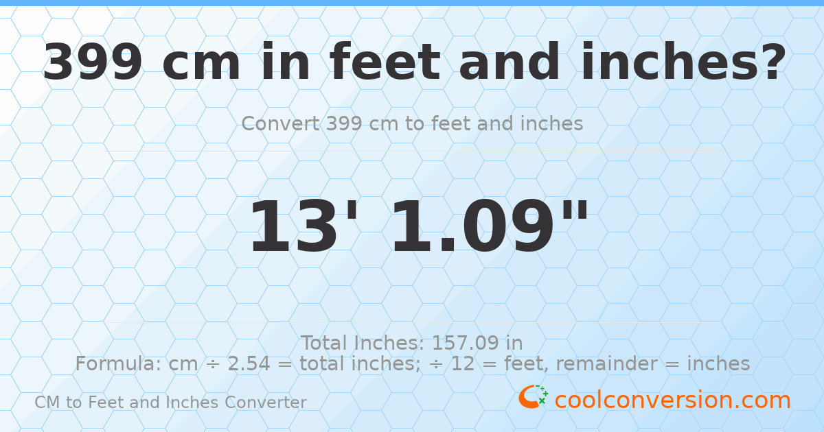 399 cm to feet and inches — 399 cm = 13'1.09"
