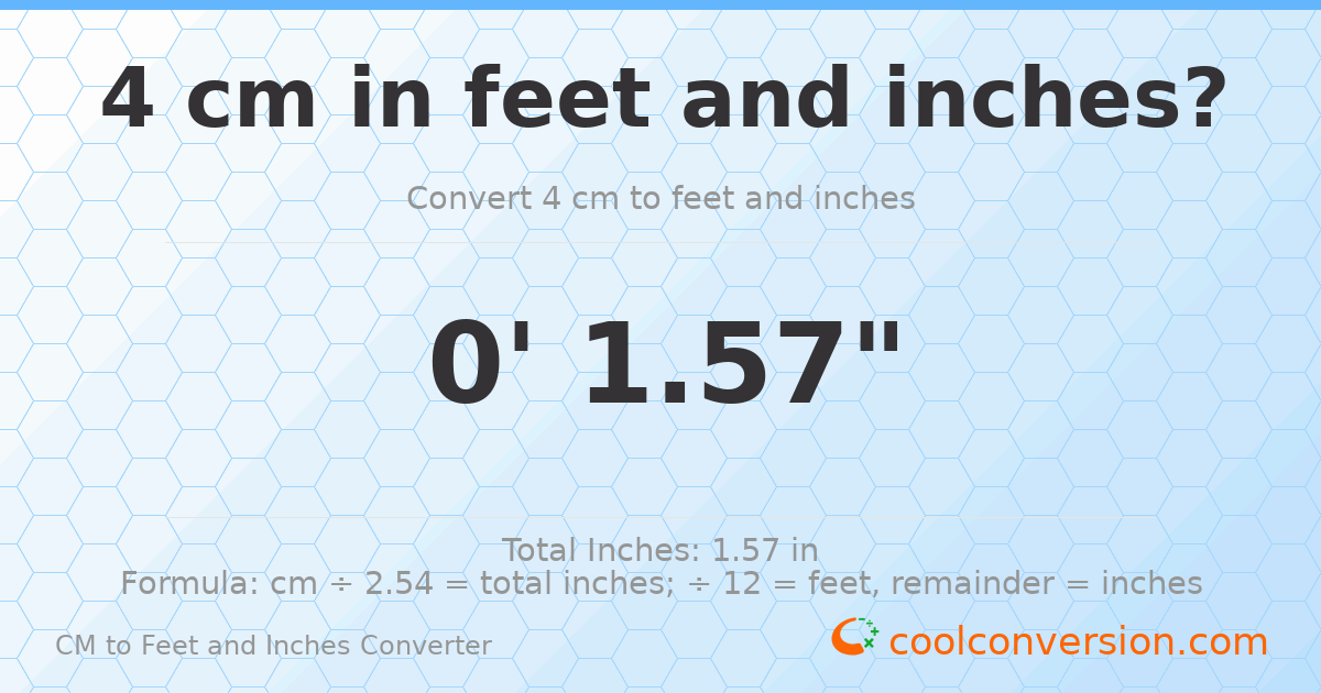 4 cm to feet and inches — 4 cm = 0'1.57"