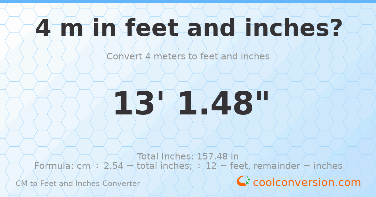4.00 m to feet and inches — 4.00 m = 13'1.48"