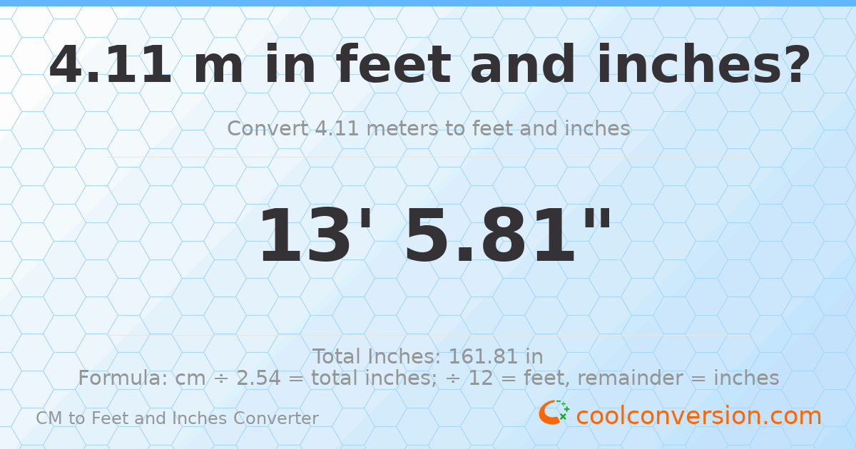 4.11 m to feet and inches — 4.11 m = 13'5.81"