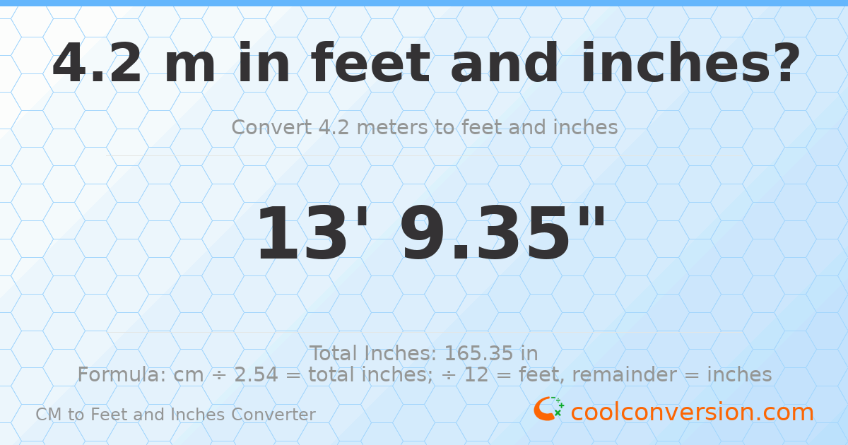 4.20 m to feet and inches — 4.20 m = 13'9.35"