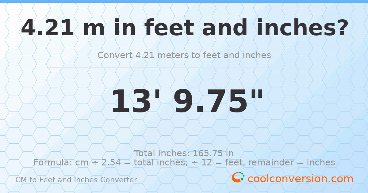 4.21 m to feet and inches — 4.21 m = 13'9.75"