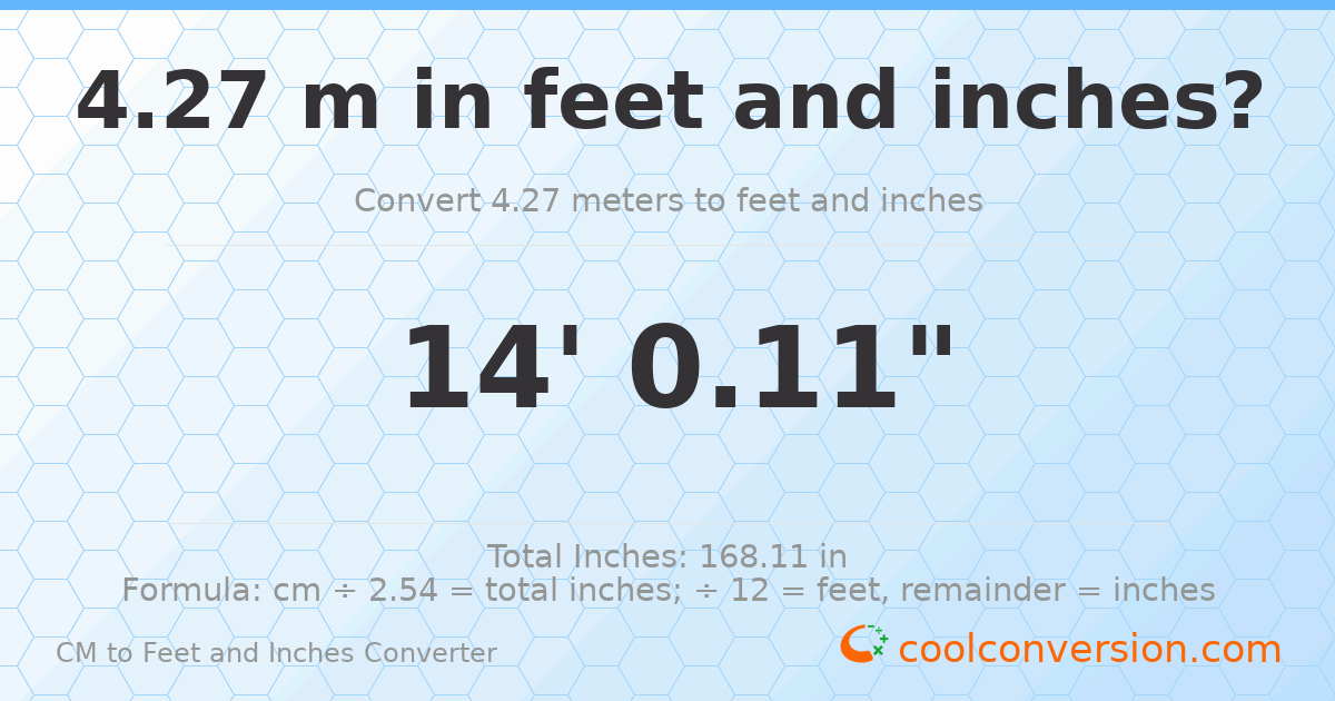 4.27 m to feet and inches — 4.27 m = 14'0.11"