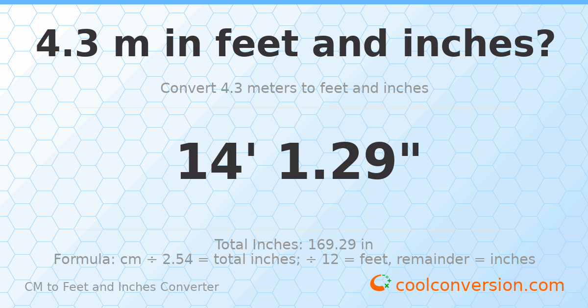 4.30 m to feet and inches — 4.30 m = 14'1.29"