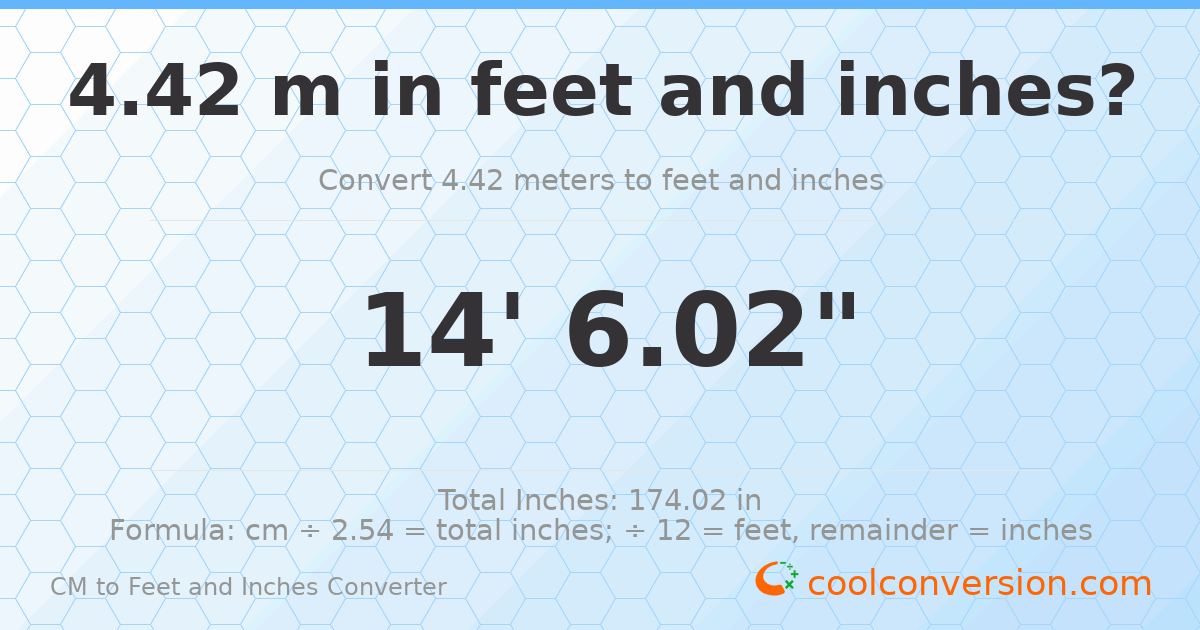 4.42 m to feet and inches — 4.42 m = 14'6.02"