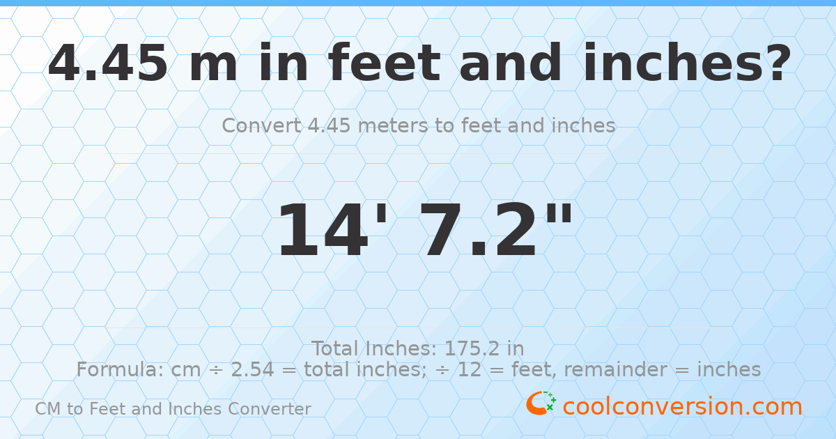 4.45 m to feet and inches — 4.45 m = 14'7.2"