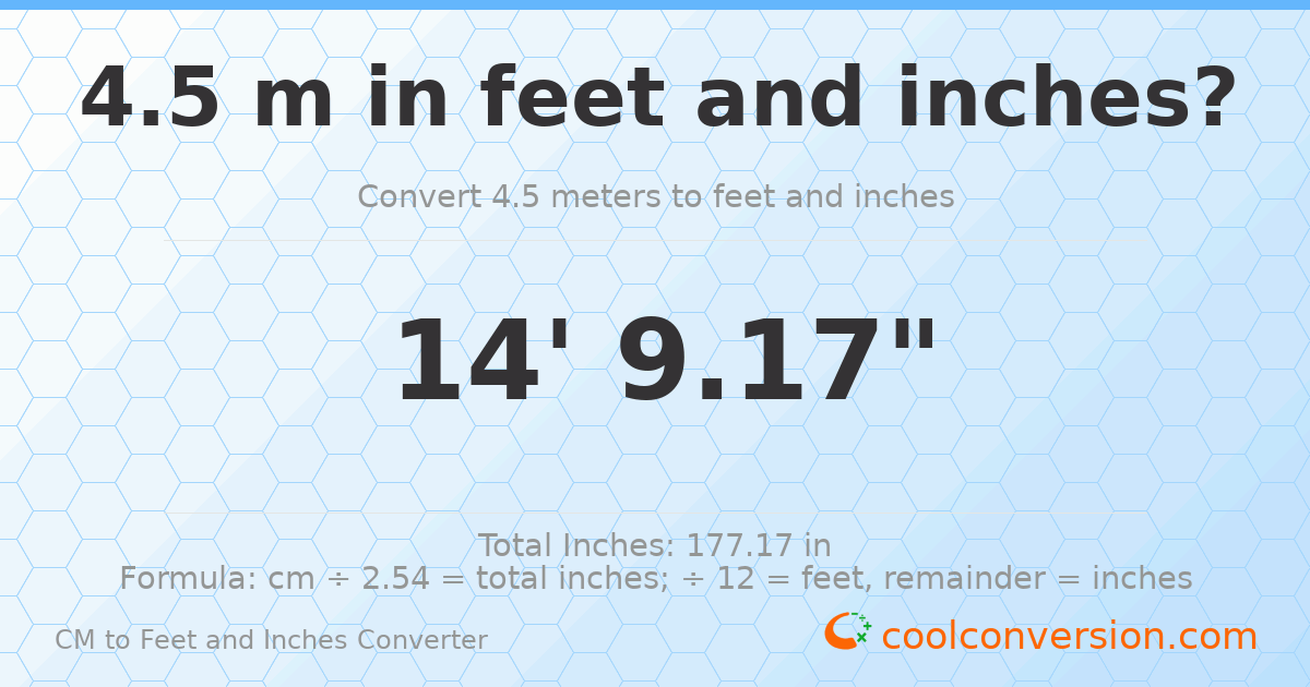 4.50 m to feet and inches — 4.50 m = 14'9.17"