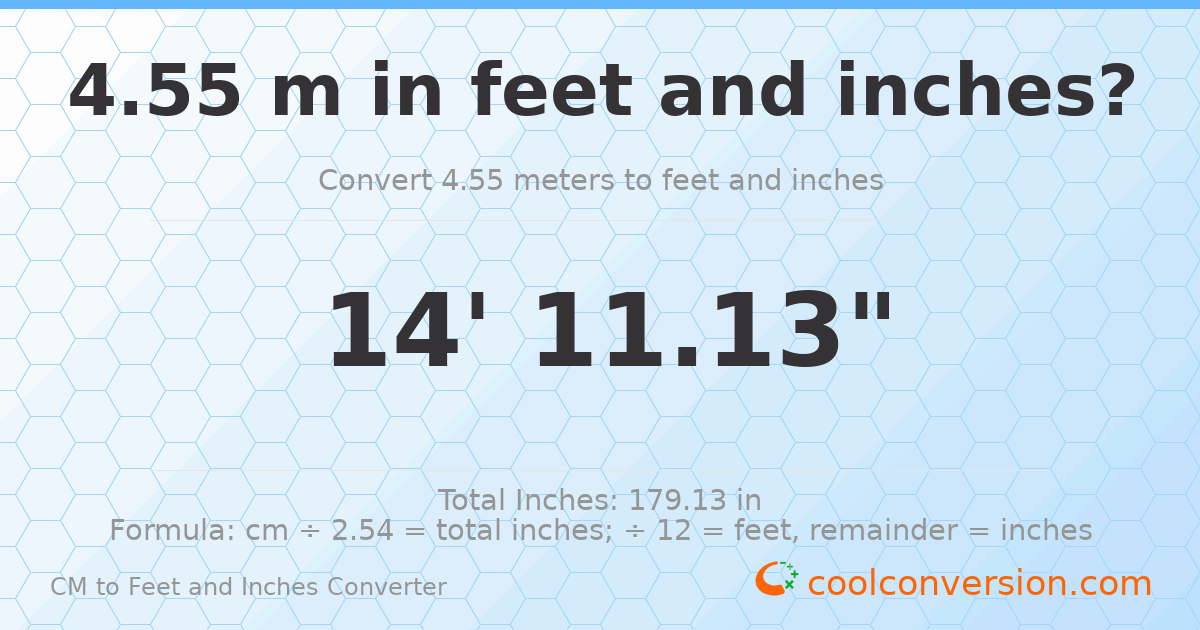 4.55 m to feet and inches — 4.55 m = 14'11.13"