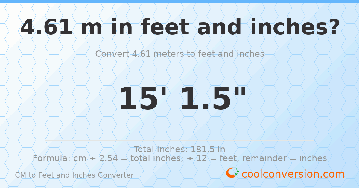 4.61 m to feet and inches — 4.61 m = 15'1.5"