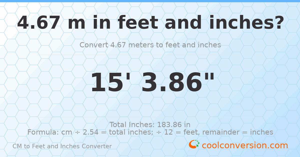4.67 m to feet and inches — 4.67 m = 15'3.86"