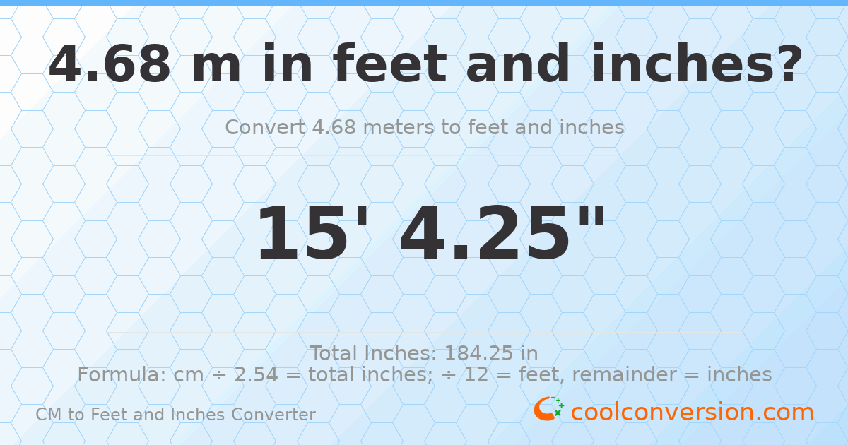 4.68 m to feet and inches — 4.68 m = 15'4.25"