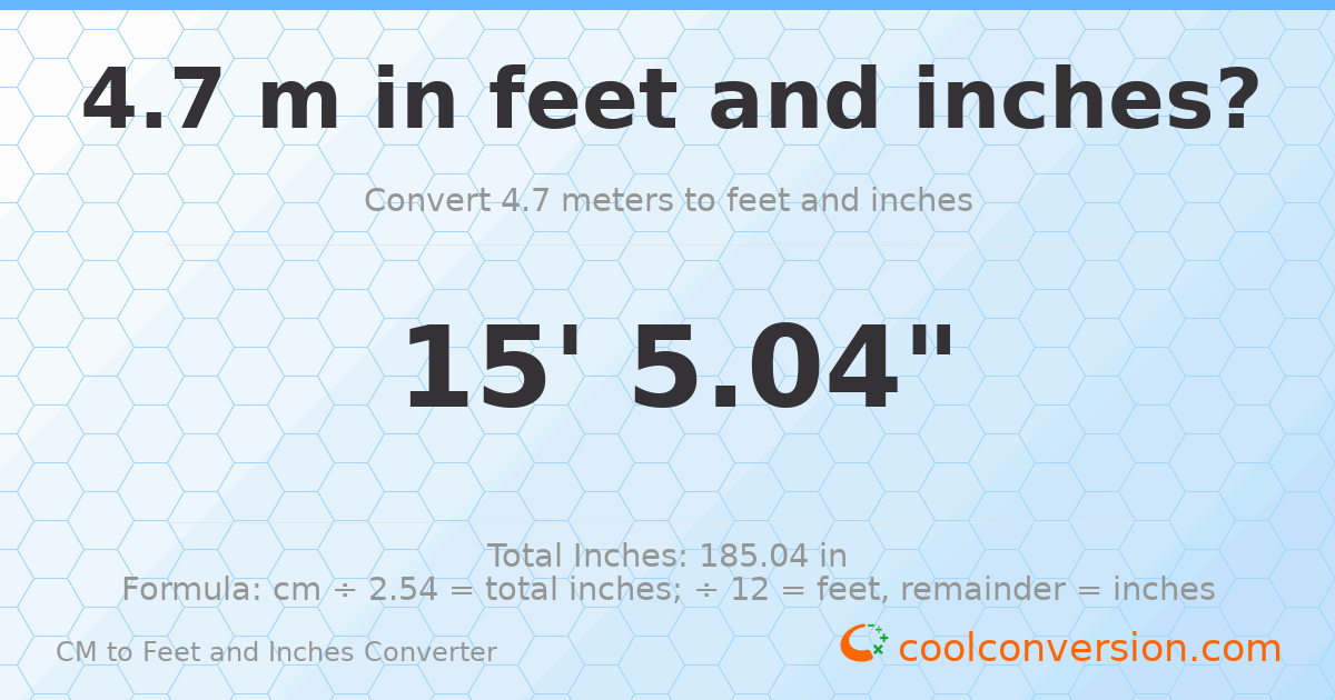 4.70 m to feet and inches — 4.70 m = 15'5.04"