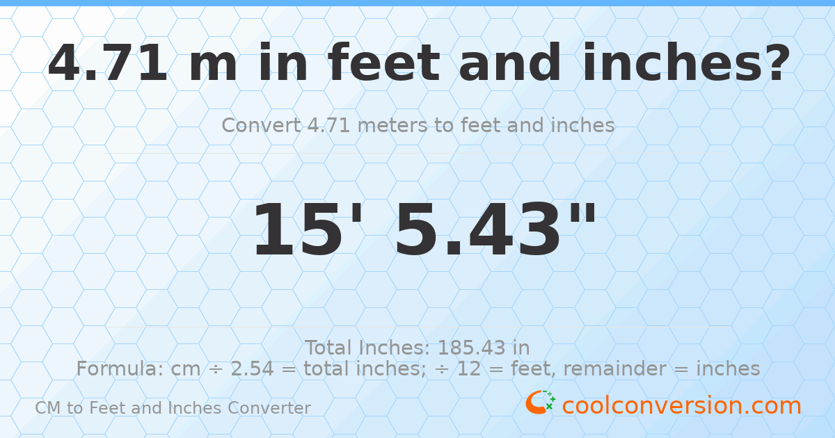 4.71 m to feet and inches — 4.71 m = 15'5.43"