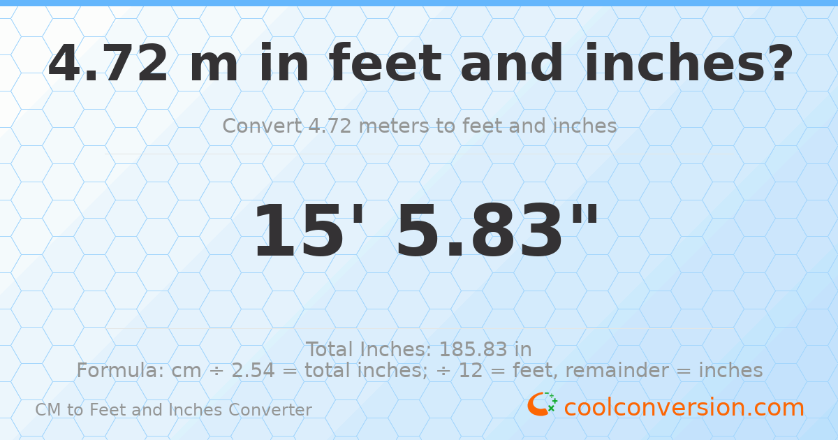 4.72 m to feet and inches — 4.72 m = 15'5.83"