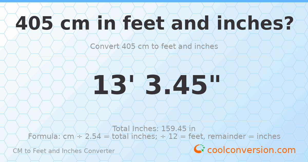 405 cm to feet and inches — 405 cm = 13'3.45"