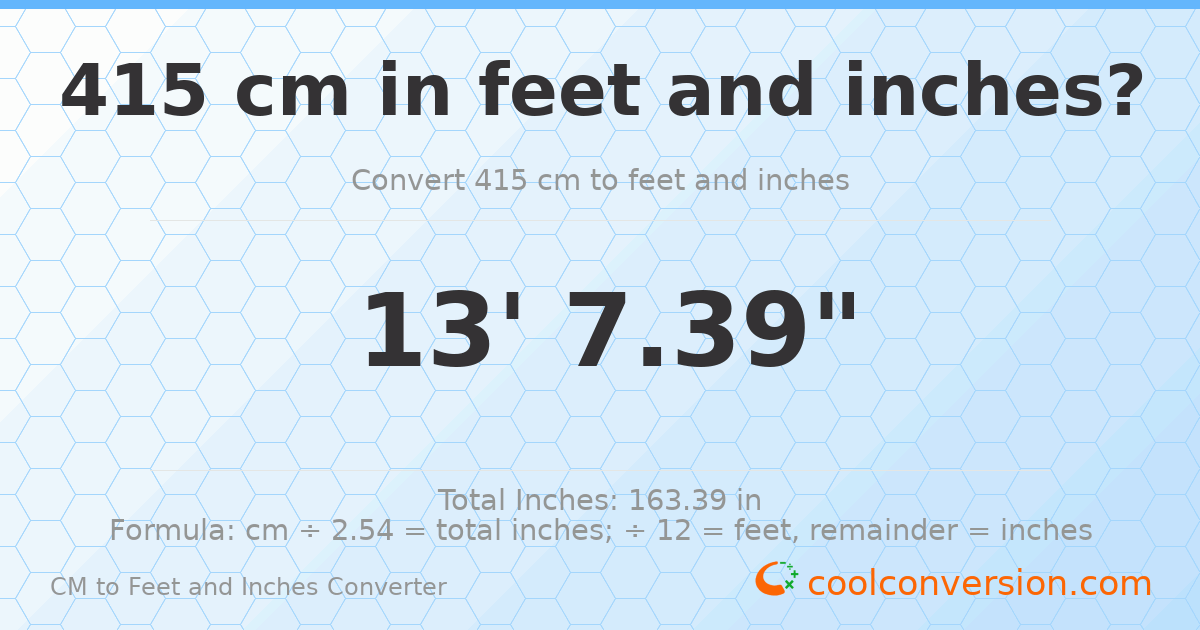 415 cm to feet and inches — 415 cm = 13'7.39"