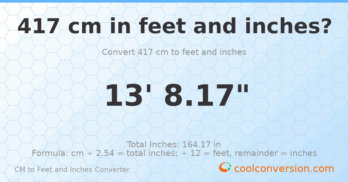 417 cm to feet and inches — 417 cm = 13'8.17"