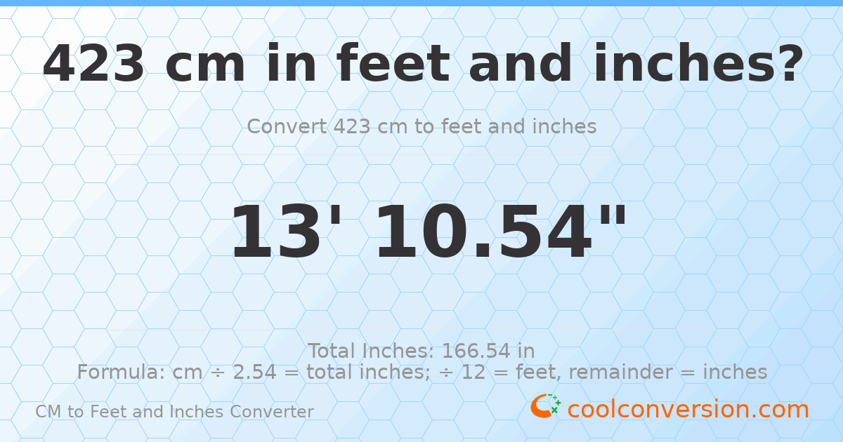 423 cm to feet and inches — 423 cm = 13'10.54"