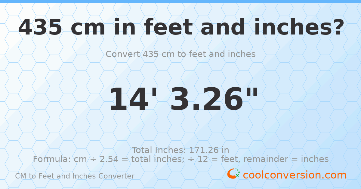435 cm to feet and inches — 435 cm = 14'3.26"