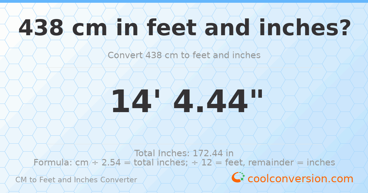 438 cm to feet and inches — 438 cm = 14'4.44"