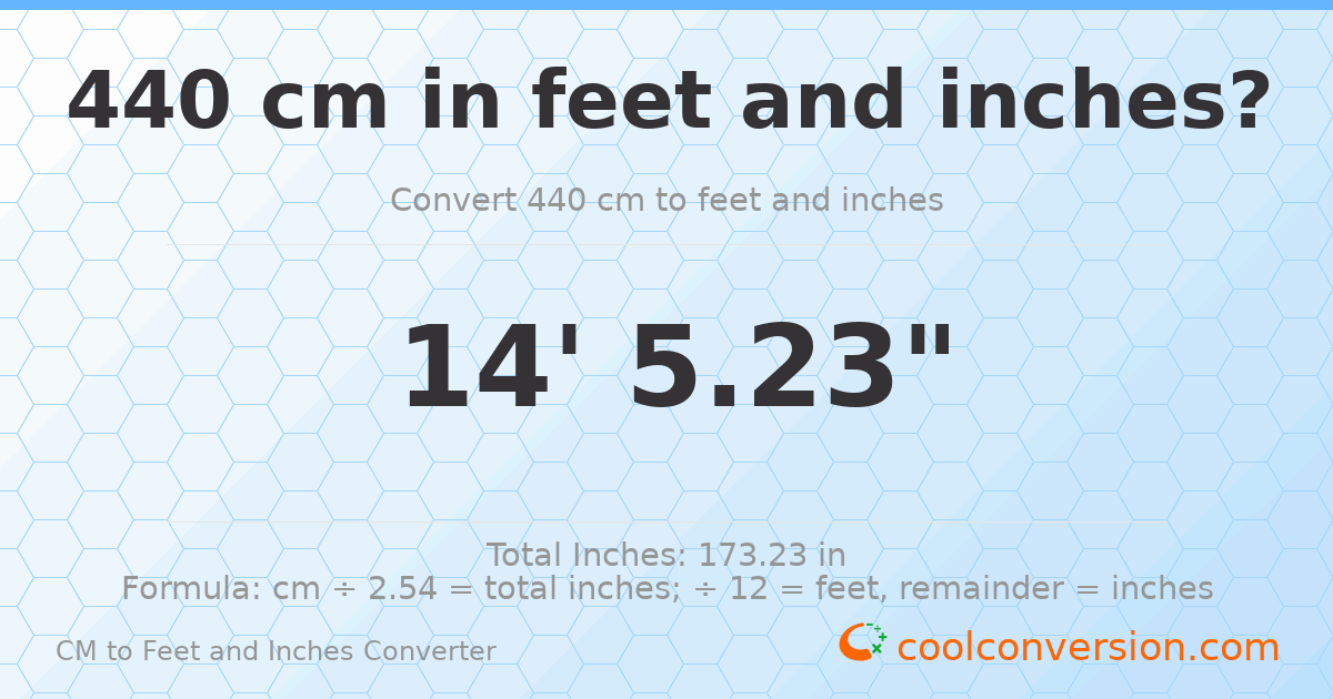 440 cm to feet and inches — 440 cm = 14'5.23"