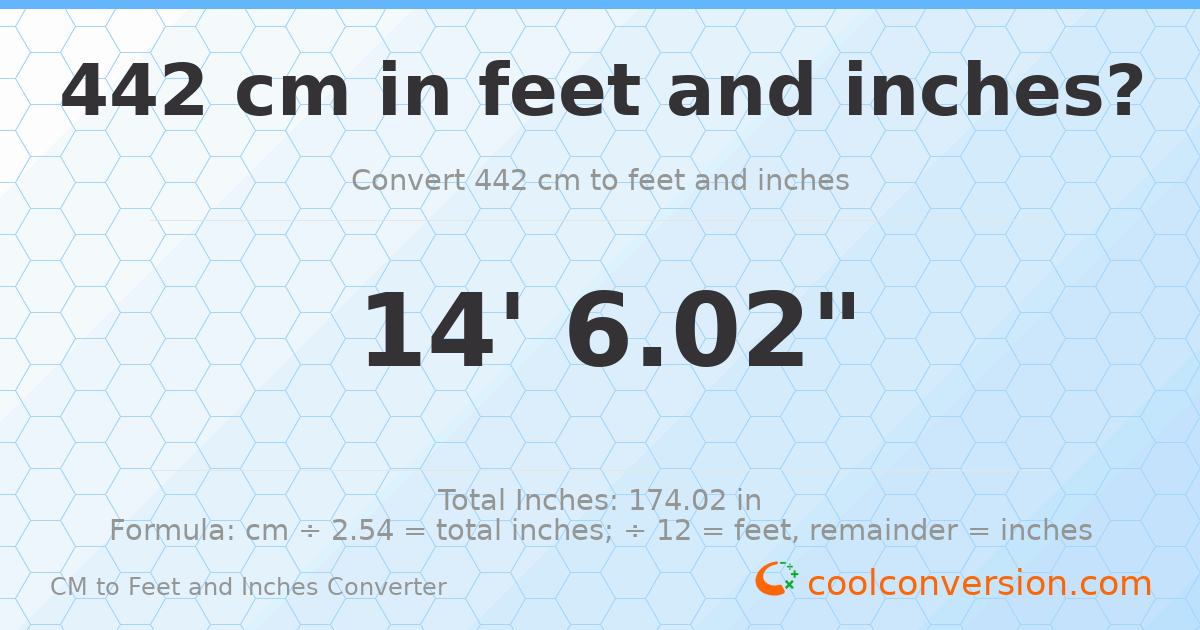 442 cm to feet and inches — 442 cm = 14'6.02"