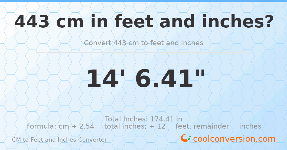 443 cm to feet and inches — 443 cm = 14'6.41"