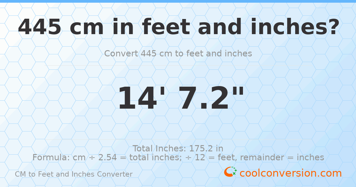 445 cm to feet and inches — 445 cm = 14'7.2"