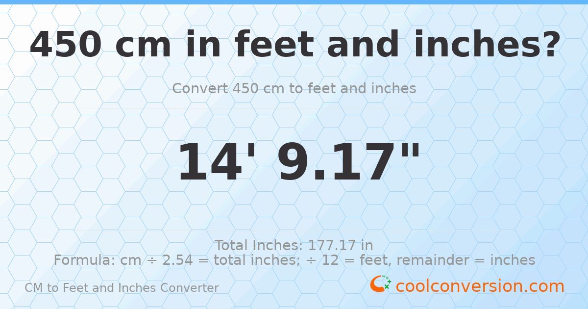450 cm to feet and inches — 450 cm = 14'9.17"