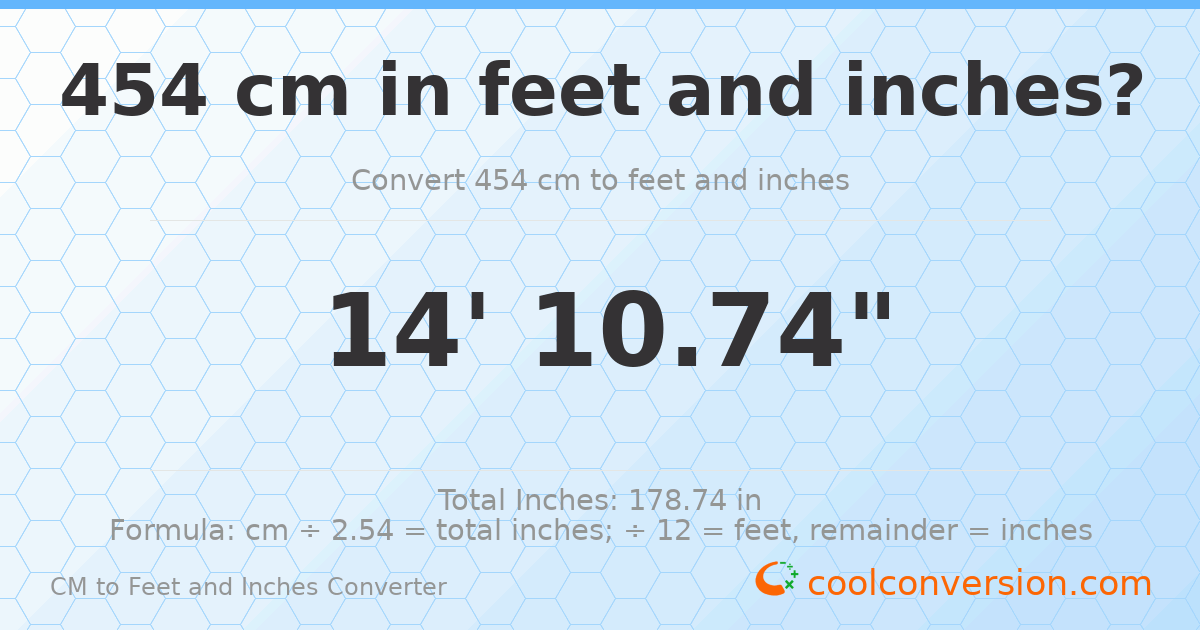 454 cm to feet and inches — 454 cm = 14'10.74"