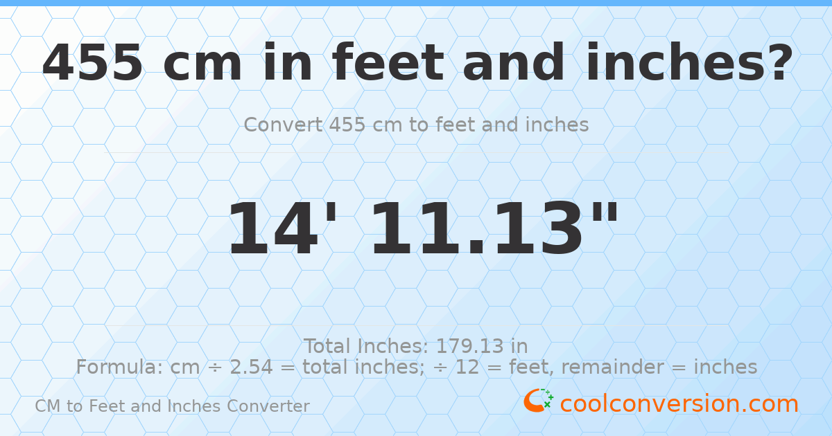 455 cm to feet and inches — 455 cm = 14'11.13"