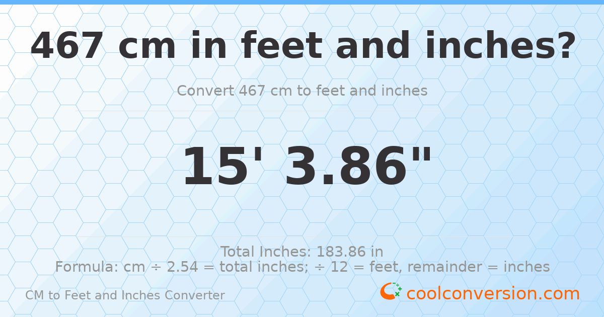 467 cm to feet and inches — 467 cm = 15'3.86"