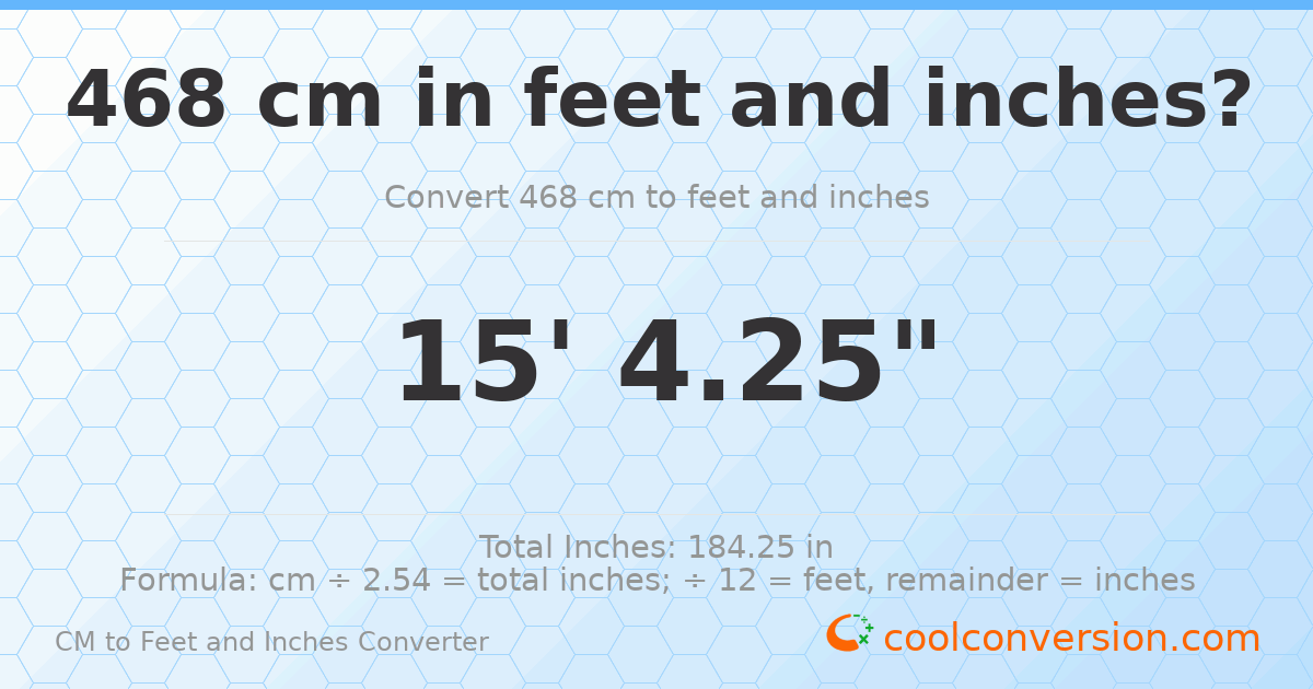 468 cm to feet and inches — 468 cm = 15'4.25"