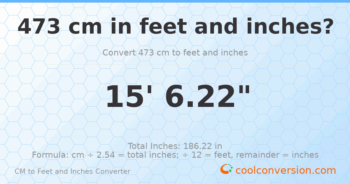 473 cm to feet and inches — 473 cm = 15'6.22"