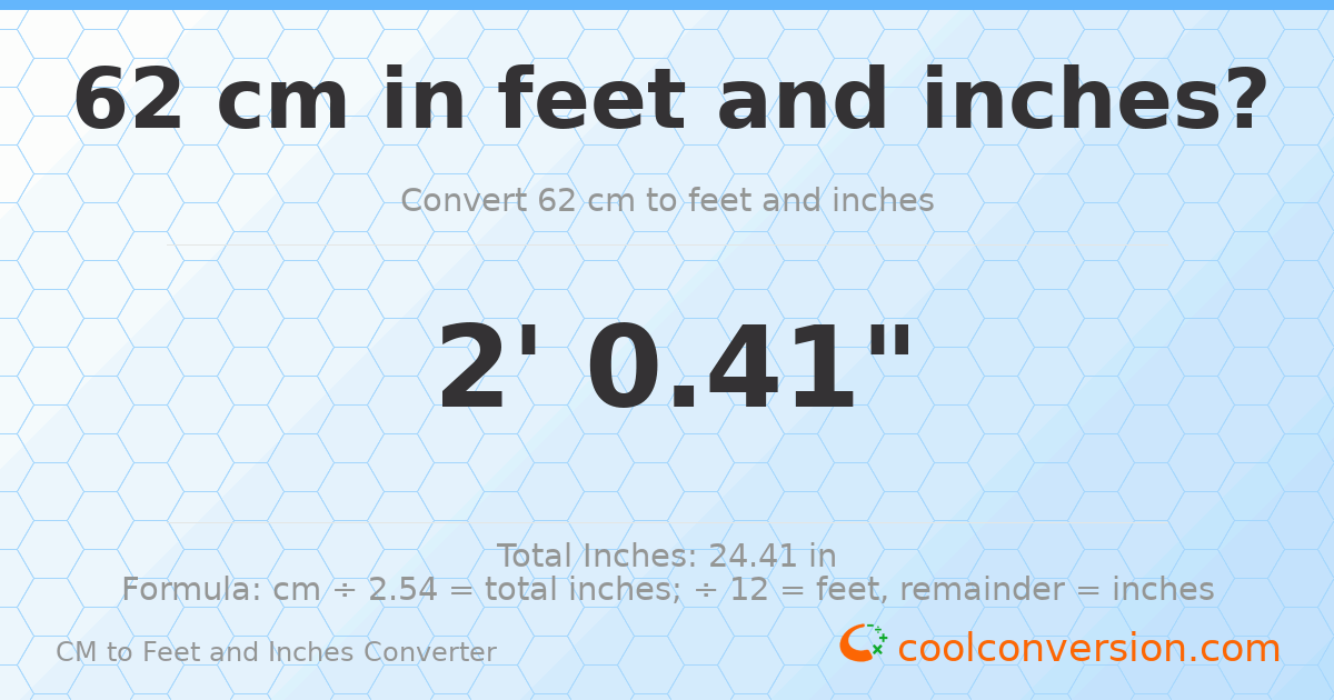 62 cm to feet and inches — 62 cm = 2'0.41"