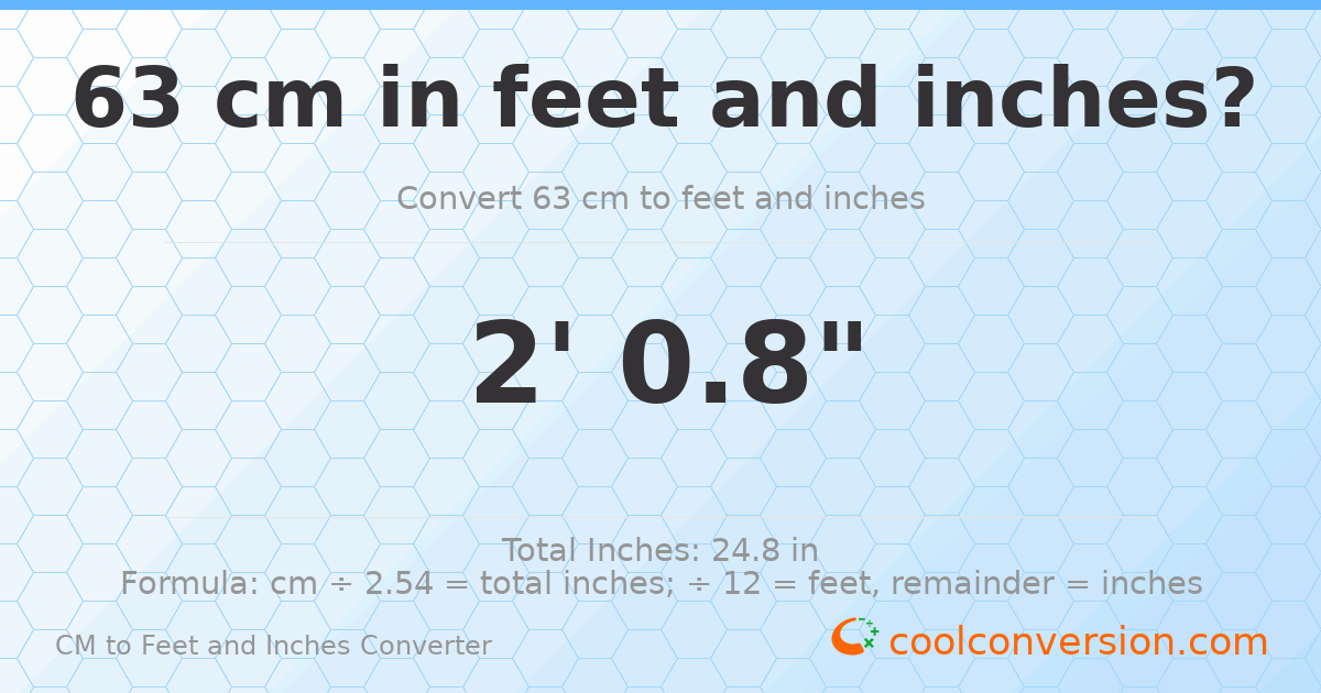 63 cm to feet and inches — 63 cm = 2'0.8"