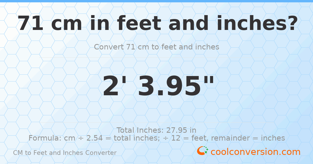 71 cm to feet and inches — 71 cm = 2'3.95"