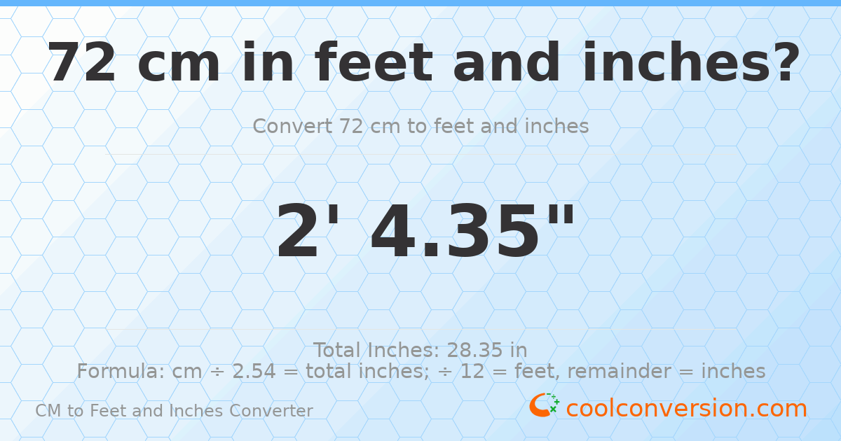 72 cm to feet and inches — 72 cm = 2'4.35"