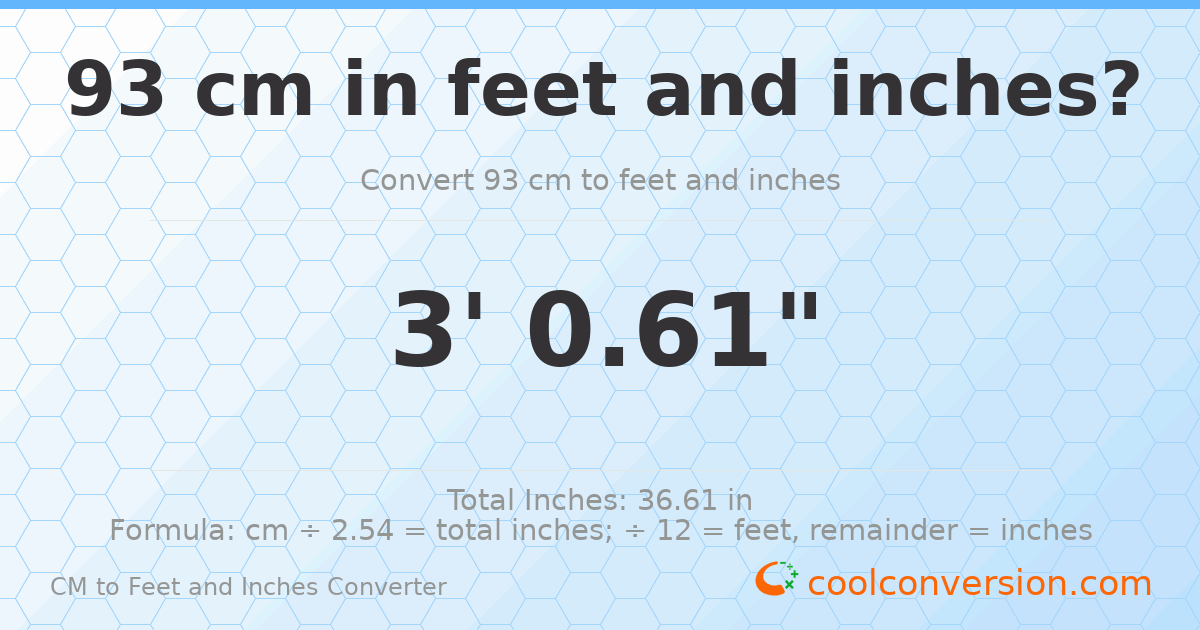 93 cm to feet and inches — 93 cm = 3'0.61"