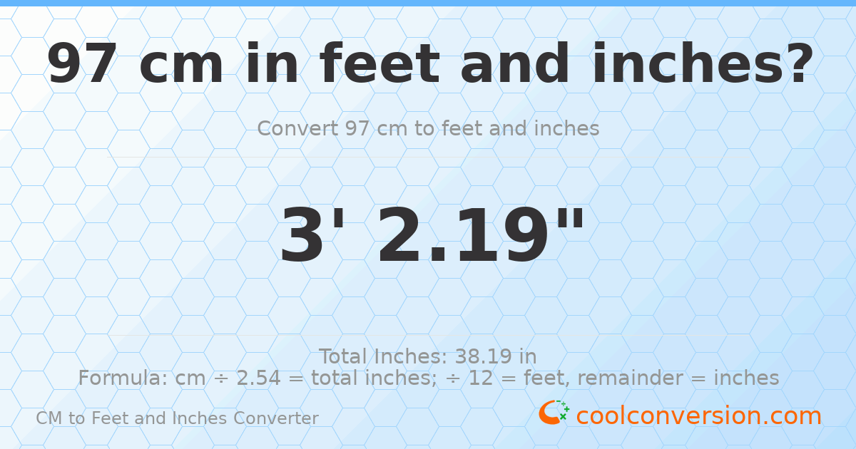 97 cm to feet and inches — 97 cm = 3'2.19"