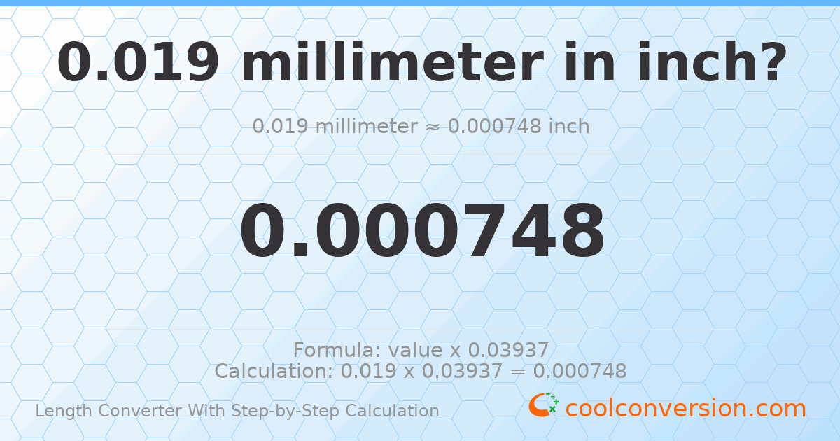 0.019 millimeters = 0.000748031 inches