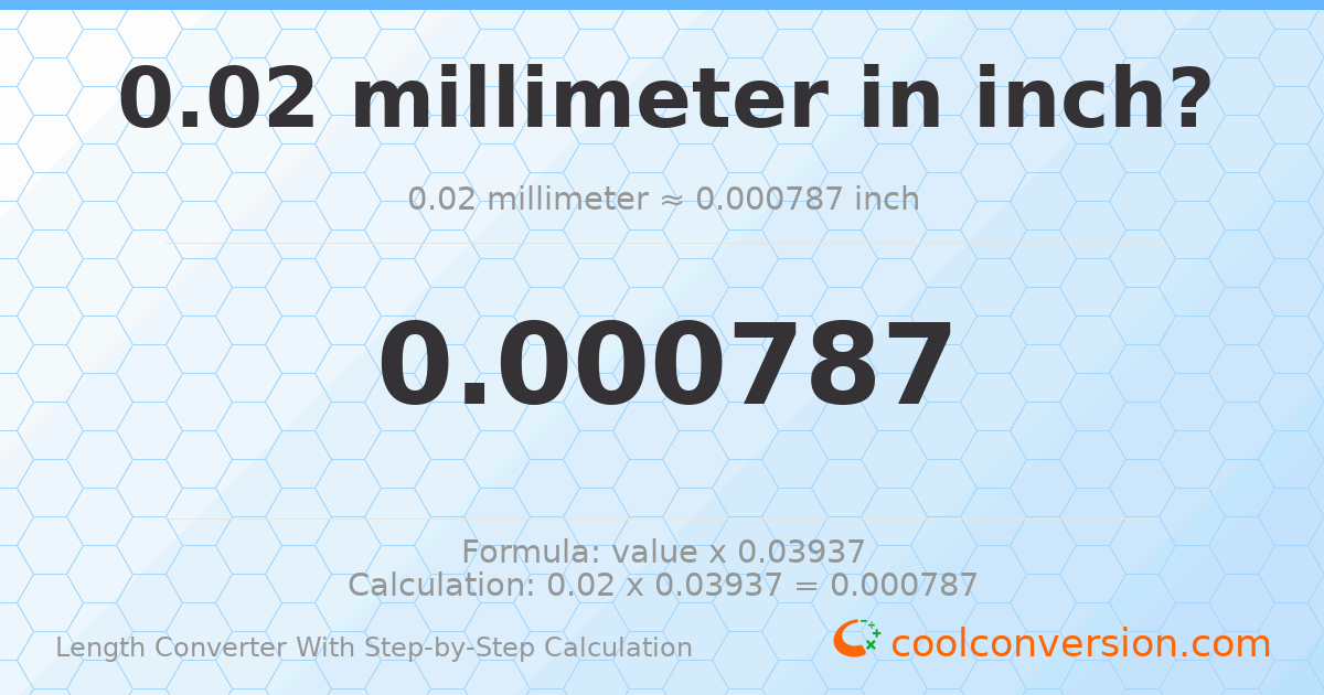 0.02 millimeters = 0.000787402 inches