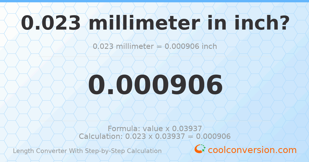 0.023 millimeters = 0.000905512 inches