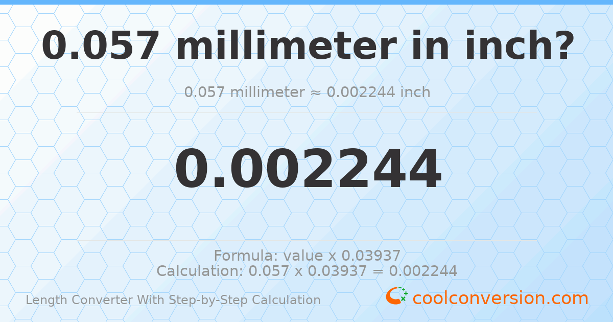 0.057 millimeters = 0.00224409 inches