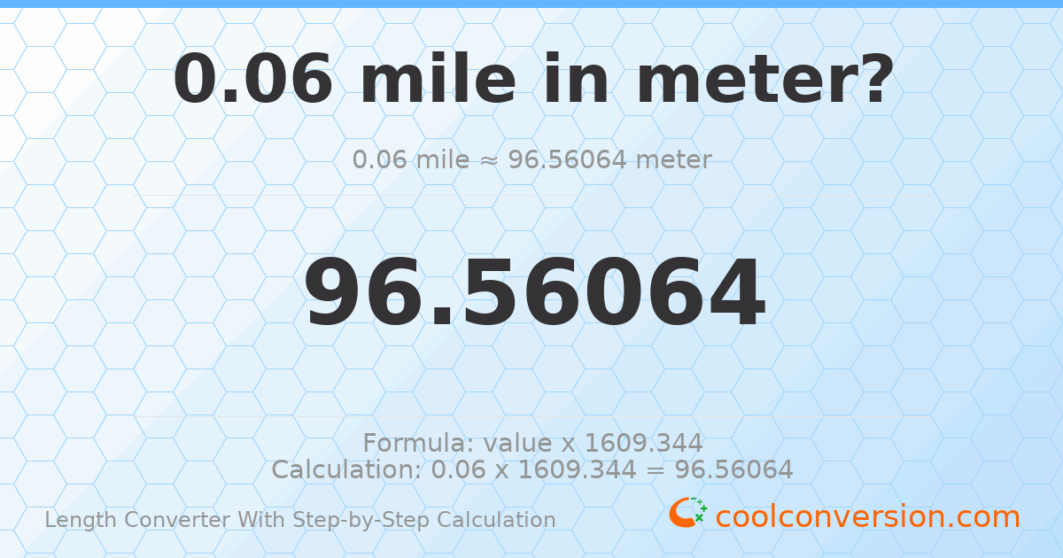 0.06 miles = 96.5606 meters