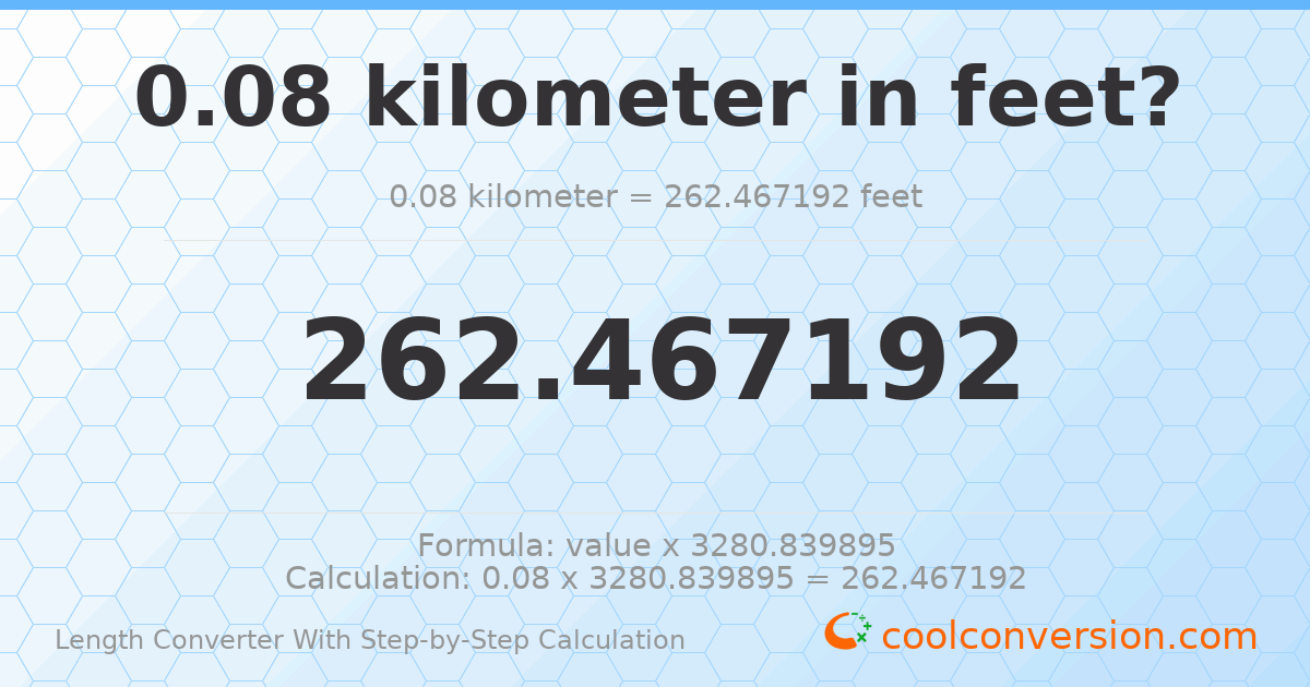 0.08 kilometers = 262.467 feet